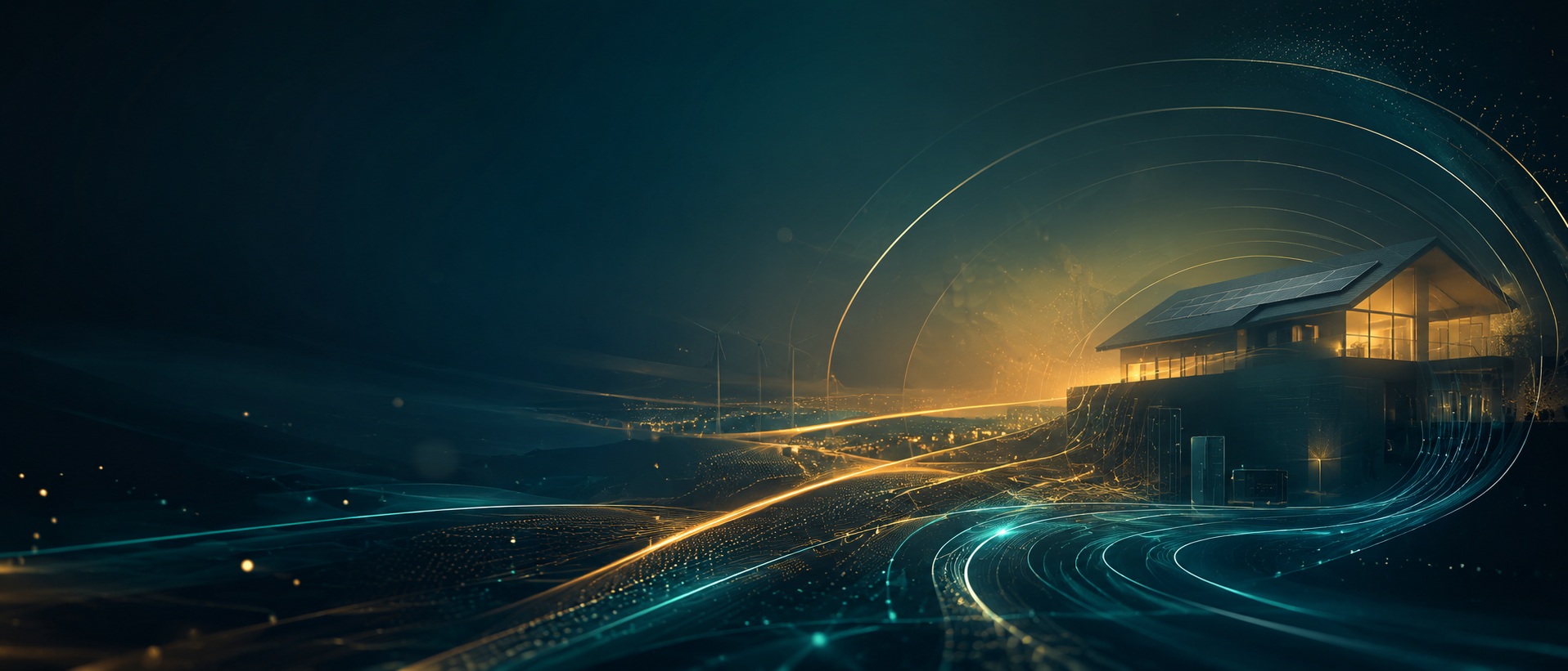Futuristisches Energie-Wallpaper mit modernem Haus, Solardach und warm leuchtenden Fenstern in dunkler Landschaft. Türkise und goldene Lichtlinien fließen wie digitale Energiebahnen durch den Raum und symbolisieren Photovoltaik, Wärmetechnik, Partnernetzwerk und intelligente Energieverteilung.