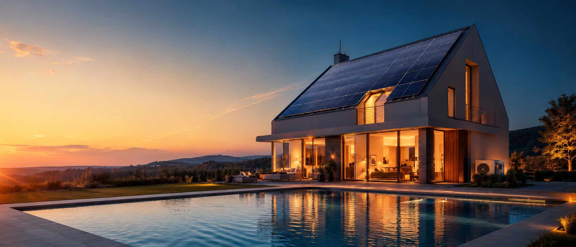 Modernes Einfamilienhaus mit Photovoltaikanlage auf dem Dach bei Sonnenuntergang, warm beleuchteten Wohnräumen und reflektierendem Pool im Vordergrund als Symbol für energieeffizientes, nachhaltiges Wohnen.